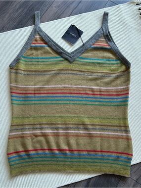 CIVIDINI Multi-Colored Horizontal Stripe Knit Cashmere Olive Green Tank Top
